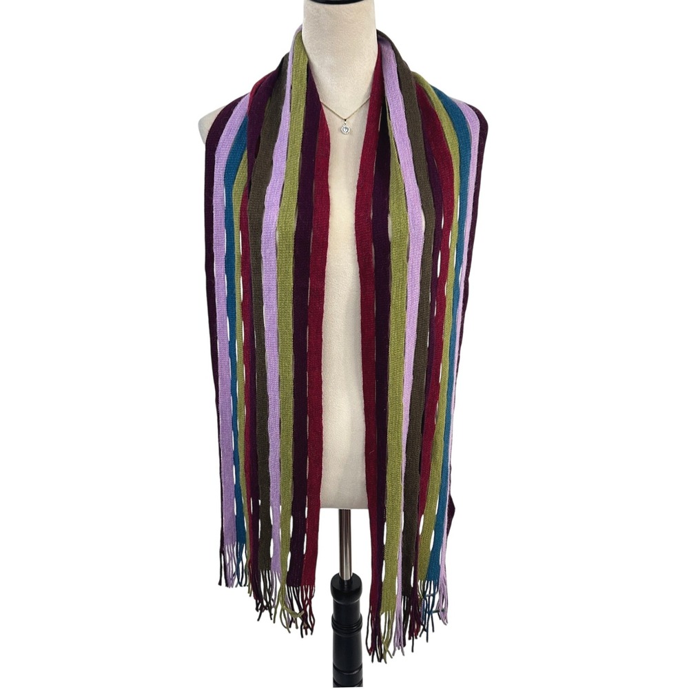 J. Jill Striped Knit Fringe Scarf Multi Color Wool Blend Artsy Cozy European